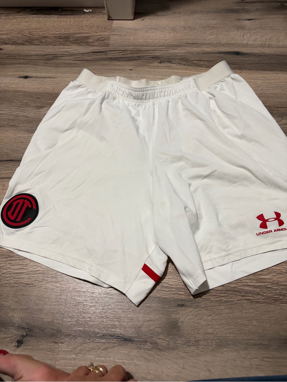 Under Armour White Men’s Athletic soccer Shorts with Red Logo Accents